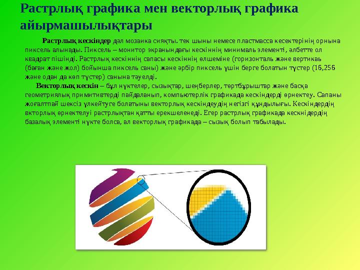 Растрлық кескіндер дәл мозаика сияқты. тек шыны немесе пластмасса кесектерінің орнына пиксель алынады. Пиксель – монитор экран