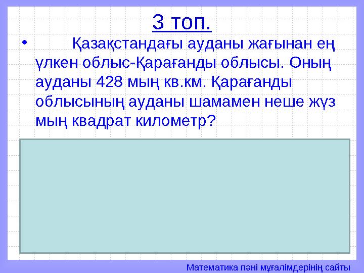 Математика пәні мұғалімдерінің сайты3 топ. • Қазақстандағы ауданы жағынан ең үлкен облыс-Қарағанды облысы. Оның ауданы 428 м