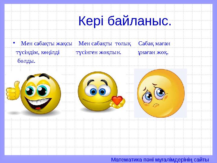 Математика пәні мұғалімдерінің сайты Кері байланыс. • Мен сабақты жақсы Мен сабақты толық Сабақ маған түсінд