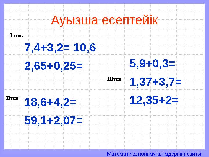 Математика пәні мұғалімдерінің сайтыАуызша есептейік 7,4+3,2= 10 , 6 2,65+0,25= 18,6+4,2= 59,1+2,07= 5,9+0,3= 1,37+3,7= 12,35+