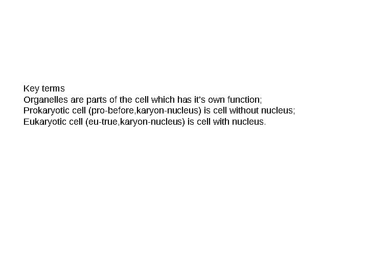 Key terms Organelles are parts of the cell which has it’s own function; Prokaryotic cell (pro-before,karyon-nucleus) is cell wit