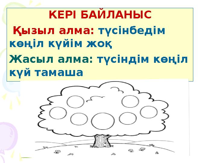 КЕРІ БАЙЛАНЫС Қызыл алма: түсінбедім көңіл күйім жоқ Жасыл алма: түсіндім көңіл күй тамаш