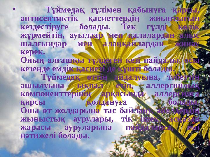 • Түймедақ гүлімен қабынуға қарсы, антисептиктік қасиеттердің жиынтығын кездестіруге болады. Тек гүлді көлік