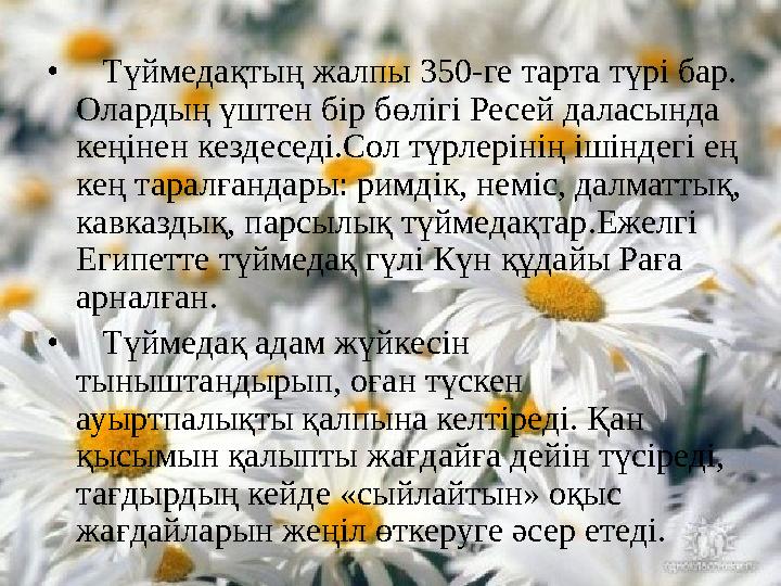 • Түймедақтың жалпы 350-ге тарта түрі бар. Олардың үштен бір бөлігі Ресей даласында кеңінен кездеседі.Сол түрлерінің ішінд