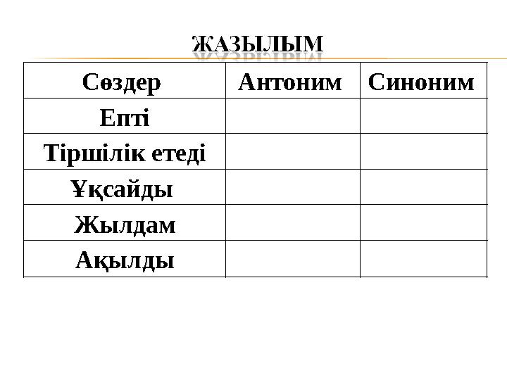 Сөздер Антоним Синоним Епті Тіршілік етеді Ұқсайды Жылдам Ақылды