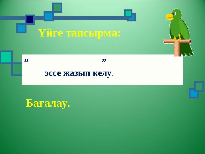 Үйге тапсырма: ” ” эссе жазып келу . Бағалау .