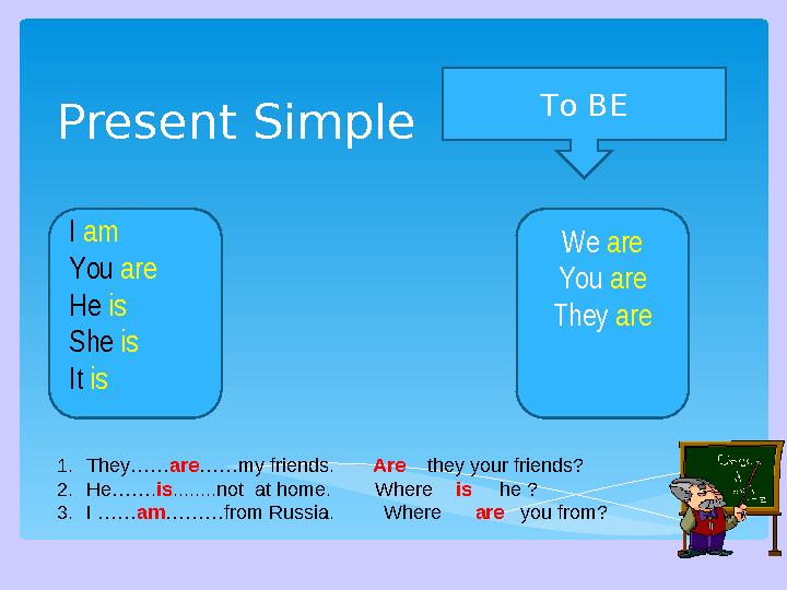 Present Simple To BE We are You are They are I am You are He is She is It is 1. They…… are ……my friends. Are