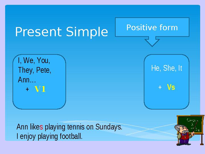Present Simple Positive form He, She, It + VsI, We, You, They, Pete, Ann… + V1 Ann like s playing tennis on Sun