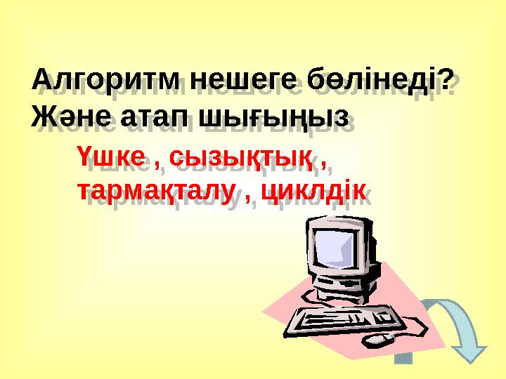 Алгоритм нешеге бөлінеді? Және атап шығыңыз Үшке , сызықтық , тармақталу , циклдік Алгоритм нешеге бөлінеді? Және атап шығы