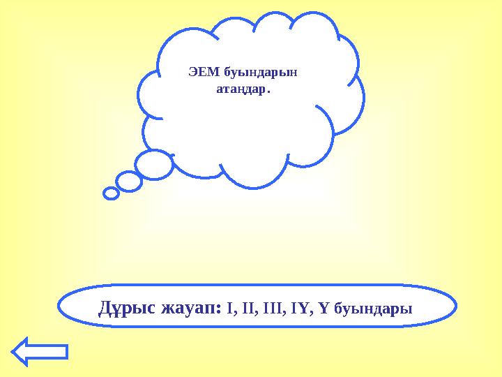 ЭЕМ буындарын атаңдар. Дұрыс жауап: І, ІІ, ІІІ, ІҮ, Ү буындары