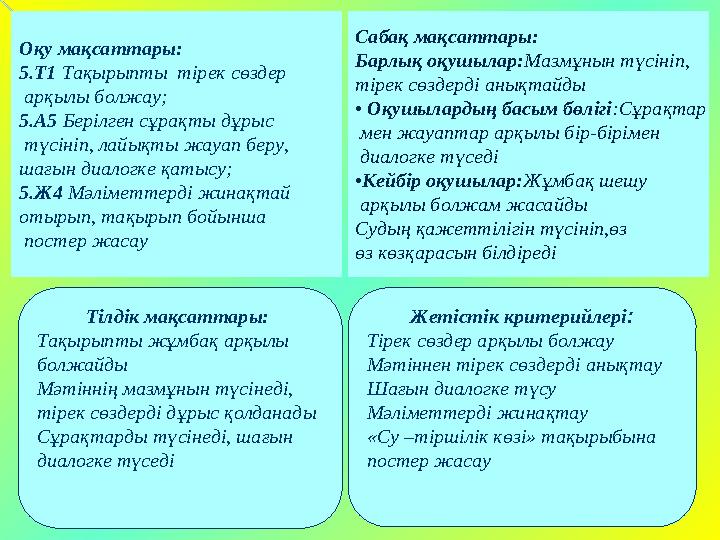 Оқу мақсаттары: 5.Т1 Тақырыпты тірек сөздер арқылы болжау; 5.А5 Берілген сұрақты дұрыс түсініп, лайықты жауап беру, шағын