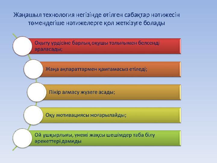 Жаңашыл технология негізінде өтілген сабақтар нәтижесін төмендегіше нәтижелерге қол жеткізуге болады