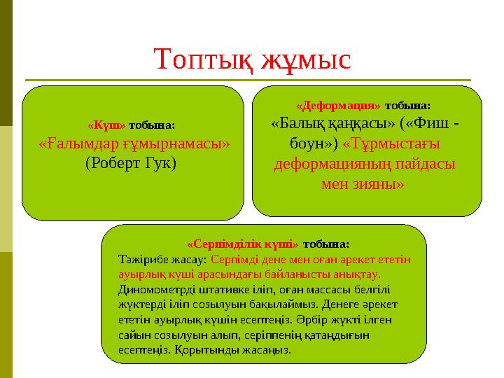 Топтық жұмыс «Күш» тобына: «Ғалымдар ғұмырнамасы» (Роберт Гук) «Деформация» тобына: «Балық қаңқасы» («Фиш - боун»)