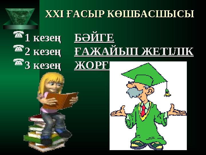 XXI XXI ҒАСЫР КӨШБАСШЫСЫҒАСЫР КӨШБАСШЫСЫ  1 кезең 1 кезең БӘЙГЕБӘЙГЕ  2 кезең 2 кезең ҒАЖАЙЫП ЖЕТІЛІКҒАЖАЙЫП ЖЕТІЛІК  3 ке