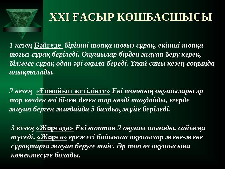 XXI XXI ҒАСЫР КӨШБАСШЫСЫҒАСЫР КӨШБАСШЫСЫ 2 кезең «Ғажайып жетілікте» Екі топтың оқушылары әр тор көзден өзі білем деген тор