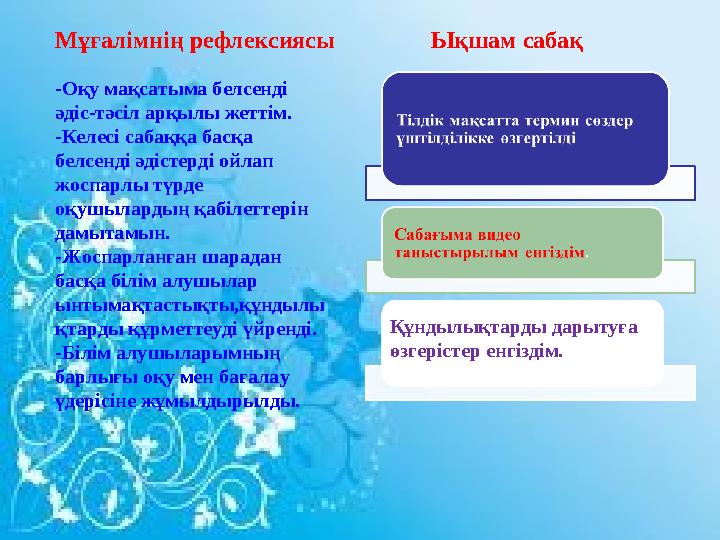 Мұғалімнің рефлексиясы Ықшам сабақ Құндылықтарды дарытуға өзгерістер енгіздім.-О