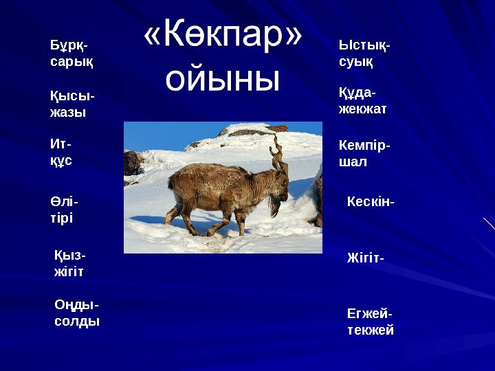 Бұрқ- сарық Қысы- жазы Ит- құс Өлі- тірі Оңды- солдыҚыз- жігіт Ыстық- суық Құда- жекжат Кемпір- шал Кескін- Жігіт- Егж