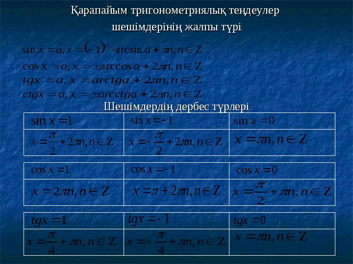 Қарапайым тригонометриялық теңдеулер Қарапайым тригонометриялық теңдеулер шешімдерінің жалпы түрішешімдерінің жалпы түрі Шешімд