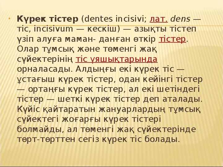 • Күрек тістер (dentes incisivi; лат. dens — тіс, incisivum — кескіш) — азықты тістеп үзіп алуға маман- данған өткір тіс