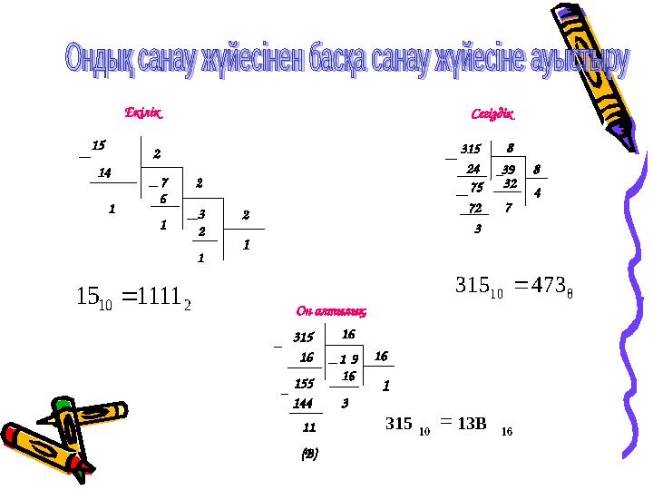 315 24 75 72 3 8 32 7 8 4 315 16 916 155 144 11 (В) 16 3 16 115 2 2 214 1 7 6 1 3 2 1 1Екілік Сегіздік Он алтылық2 10 1111 15