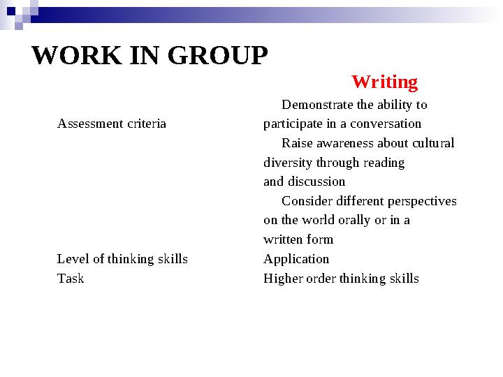 Writing Assessment criteria  Demonstrate the ability to participate in a conversation  Raise