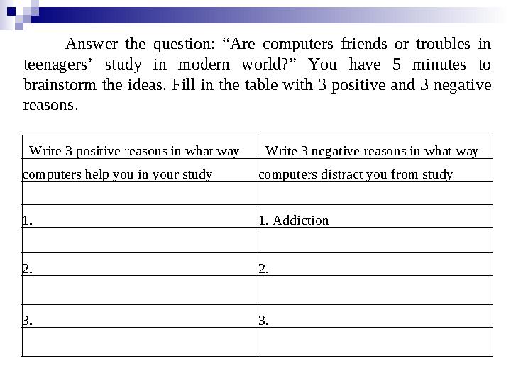 Answer the question: “Are computers friends or troubles in teenagers’ study in modern world?” You hav