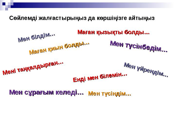 Сөйлемді жалғастырыңыз да көршіңізге айтыңызСөйлемді жалғастырыңыз да көршіңізге айтыңызМ е н б іл д ім … М е н б іл д ім … М