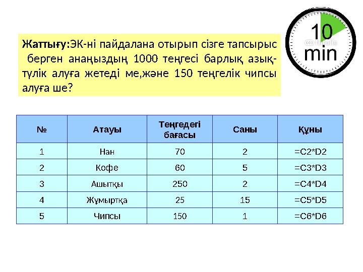 Жаттығу: ЭК-ні пайдалана отырып сізге тапсырыс берген анаңыздың 1000 теңгесі барлық азық- түлік алуға жетеді ме,және