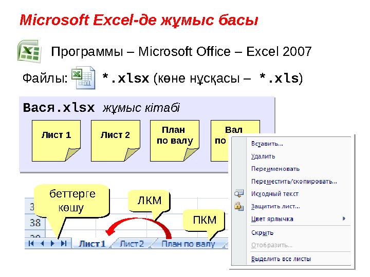 Microsoft Excel -де жұмыс басы Программы – Microsoft Office – Excel 2007 Файлы: *.xlsx ( көне нұсқасы – *.xls ) В