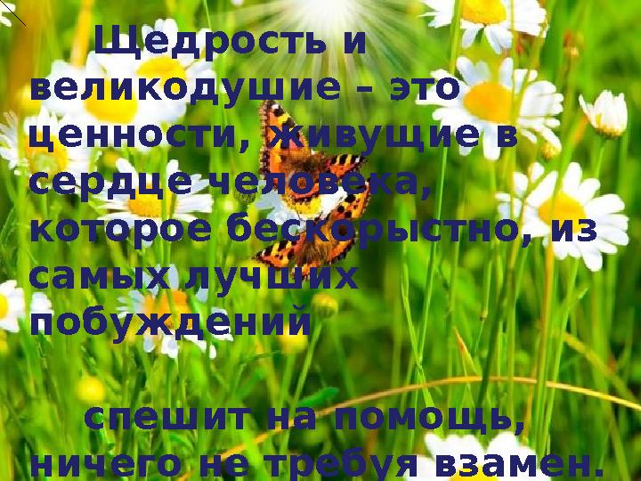 Щедрость и великодушие – это ценности, живущие в сердце человека, которое бескорыстно, из самых лучших побуждений