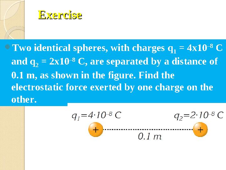 ExerciseExercise  Two identical spheres, with charges q 1 = 4x10 –8 C and q 2 = 2x10 –8 C, are separated by a distance of