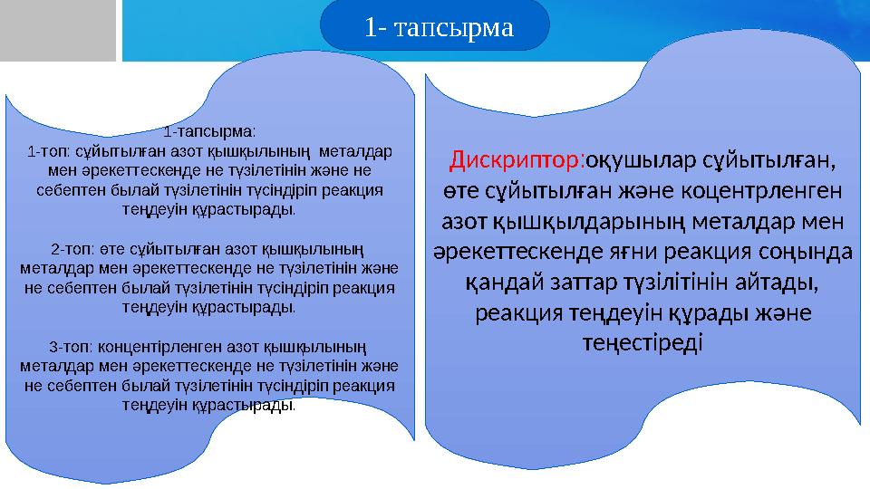 Дискриптор : оқушылар сұйытылған, өте сұйытылған және коцентрленген азот қы ш қылдарының металдар мен әрекеттескенде яғни реа