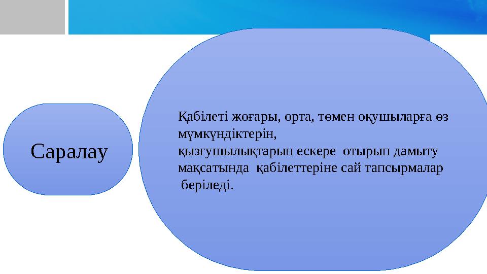 Саралау Қабілеті жоғары , орта, төмен оқушыларға өз мүмкүндіктерін, қызғушылықтарын ескере отырып дамыту мақсатында қабі