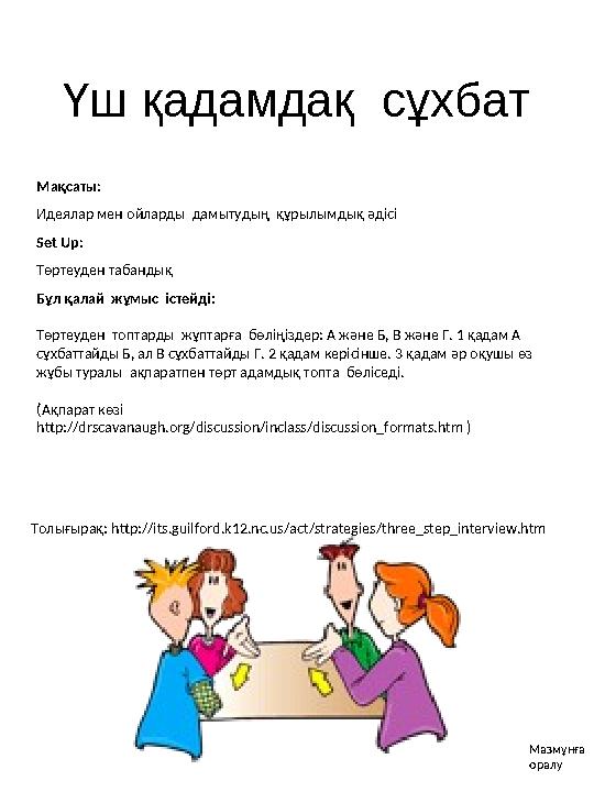 Еркін талқылау Мақсаты : Оқушының көш басшылығын, жауаптылығын мадақтау, мұғалімнің материалды қайта қолданудан аулақ бол