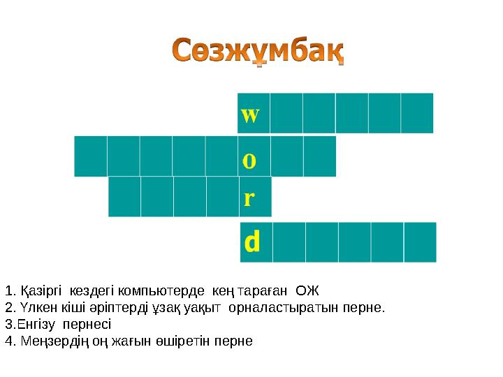 1. Қазіргі кездегі компьютерде кең тараған ОЖ 2. Үлкен кіші әріптерді ұзақ уақыт орналастыратын перне. 3.Енгізу перне