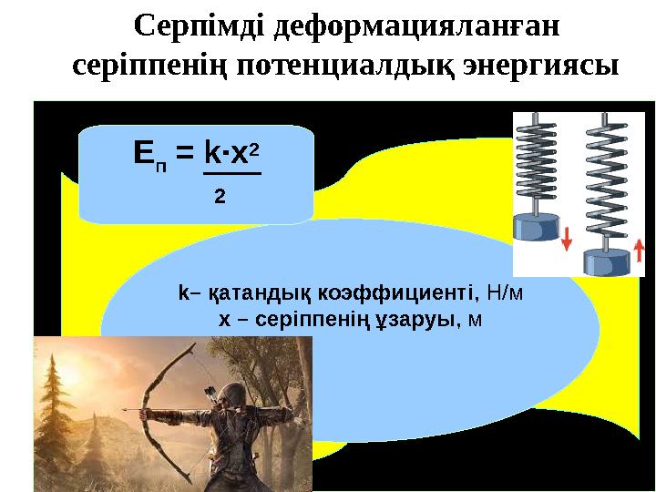 Серпімді деформацияланған серіппенің потенциалдық энергиясы k– қатандық коэффициенті , Н/м x – серіппенің ұзаруы , м