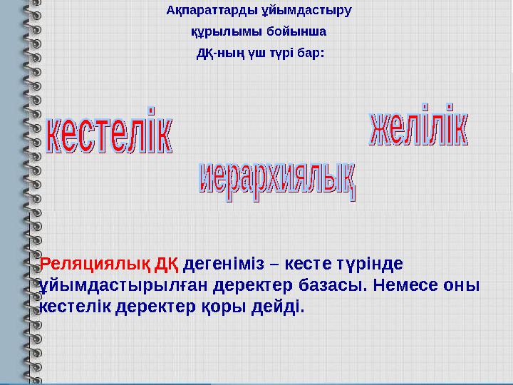 Ақпараттарды ұйымдастыру құрылымы бойынша ДҚ-ның үш түрі бар: Реляциялық ДҚ дегеніміз – кесте түрінде ұйымдастырылған д