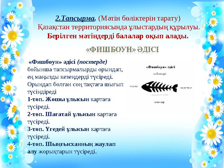 «Фишбоун» әдісі (постерде) бойынша тапсырмалырды орындап, ең маңызды кезеңдерді түсіреді. Орындап болған соң тақтаға шығып