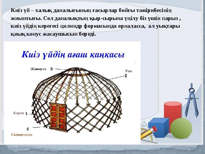 Киіз үй – халық даналығының ғасырлар бойғы тәжірибесінің жиынтығы. C ол даналықтың қыр-сырына үңілу біз үшін парыз , киіз ү