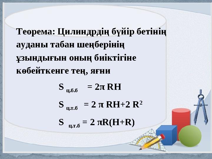 Теорема: Цилиндрдің бүйір бетінің ауданы табан шеңберінің ұзындығын оның биіктігіне көбейткенге тең, яғни S ц.б.б = 2π