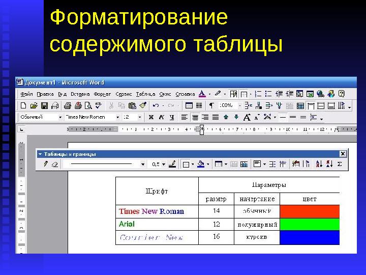 Форматирование содержимого таблицы Теперь, когда таблица создана, можно приступить к форматированию ее содержания. Тексты в к