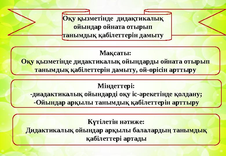 Міндеттері: -диадактикалық ойындарді оқу іс-әрекетінде қолдану; -Ойындар арқылы танымдық қабілеттерін арттыру Күтілетін нәтиже: