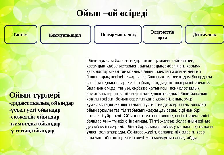 Ойын –ой өсіреді Коммуникация Таным Ойын түрлері -дидактикалық ойындар -үстел үсті ойындар -сюжеттік ойындар -қимылды ойындар