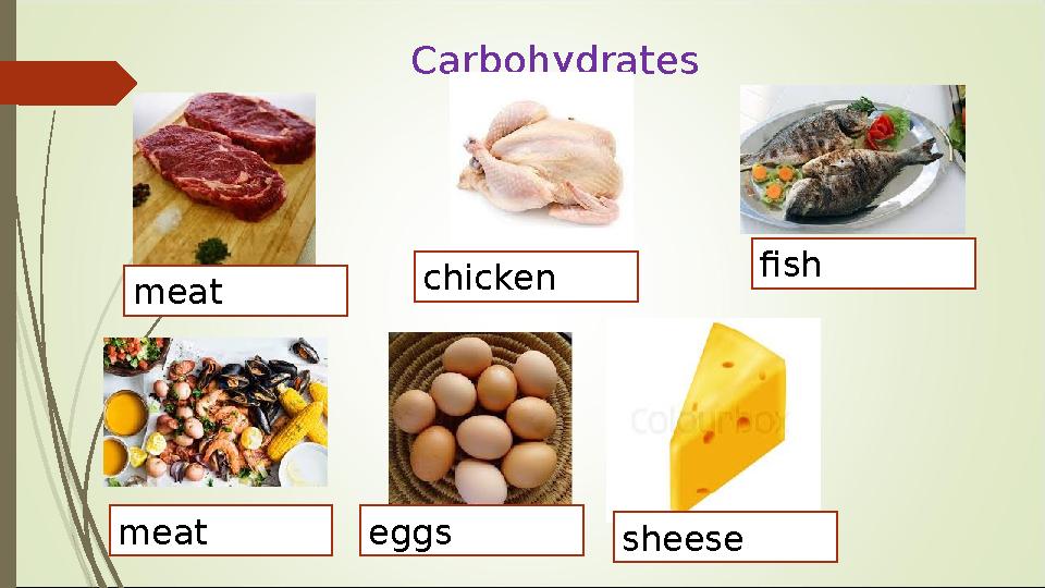 Carbohydrates meat chicken fish meat eggs sheese