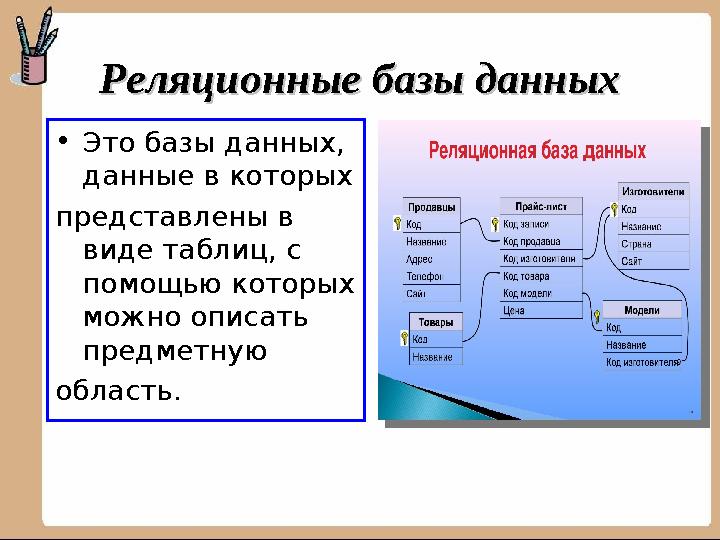 РеляционныеРеляционные базы данныхбазы данных • Это базы данных, данные в которых представлены в виде таблиц, с помощью к