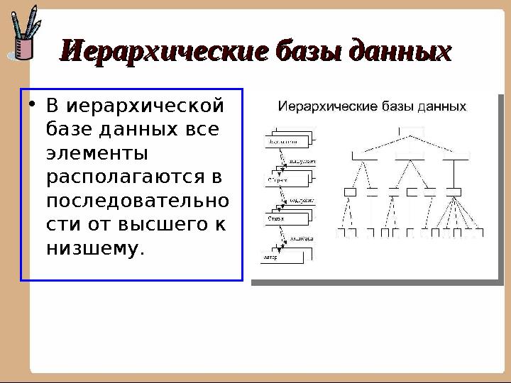 Иерархические базы данныхИерархические базы данных • В иерархической базе данных все элементы располагаются в последовательн