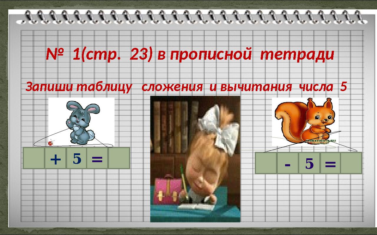 № 1(стр. 23) в прописной тетради Запиши таблицу сложения и вычитания числа 5 + 5 = - 5 =