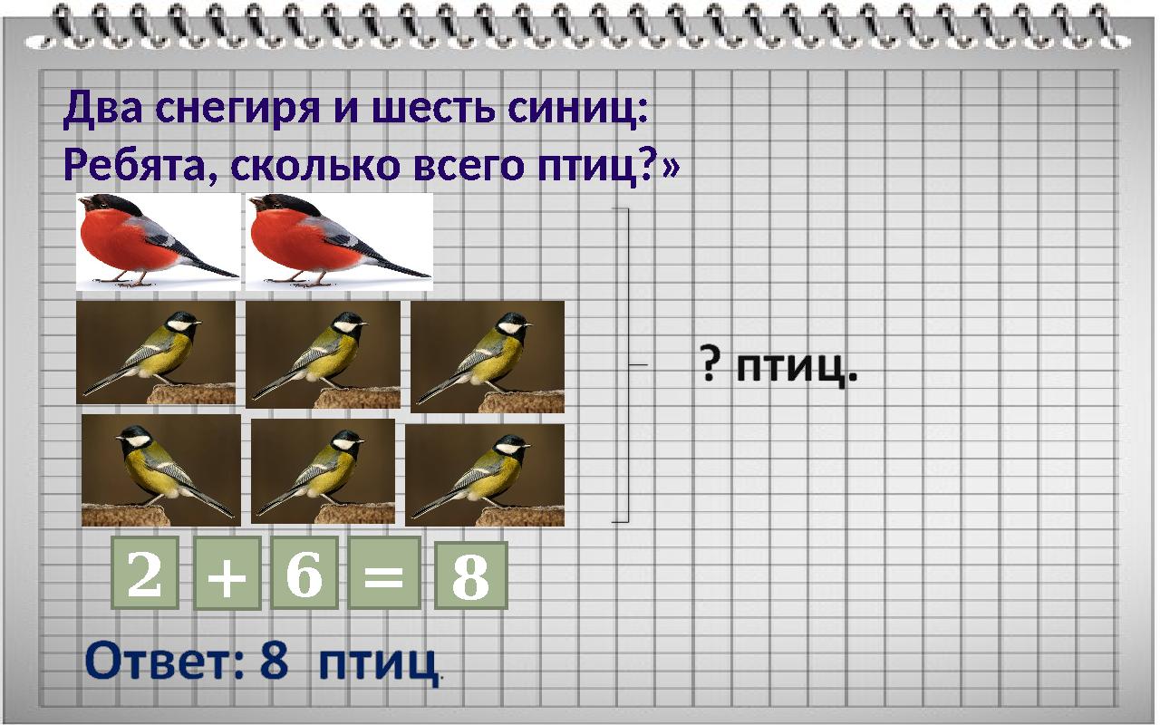 Два снегиря и шесть синиц: Ребята, сколько всего птиц?» 2 + 6 = 8