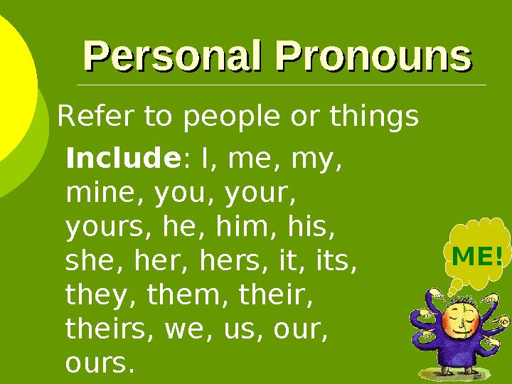 Personal PronounsPersonal Pronouns Refer to people or things ME!Include : I, me, my, mine, you, your, yours, he, him, hi