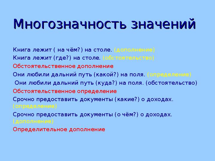 Многозначность значенийМногозначность значений Книга лежит ( на чём?) на столе. (дополнение) Книга лежит (где?) на столе. (обс